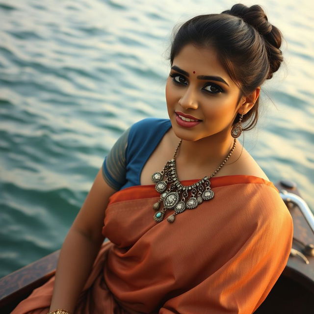 A stunning Indian woman in her 30s, featuring a beautiful hair bun, is kneeling by the sea on a boat