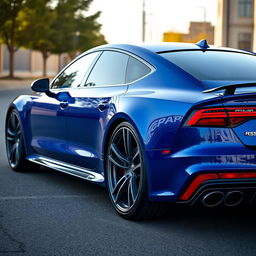 Audi RS7 LE in a striking deep blue color, showcasing sleek lines and contemporary design