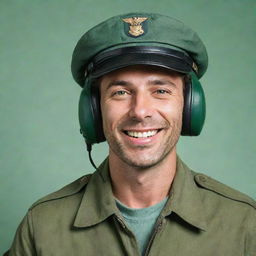 A cheerful male pilot with a cap obscuring his eyes, posed against a clear green background.