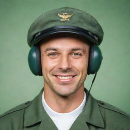 A cheerful male pilot with a cap obscuring his eyes, posed against a clear green background.