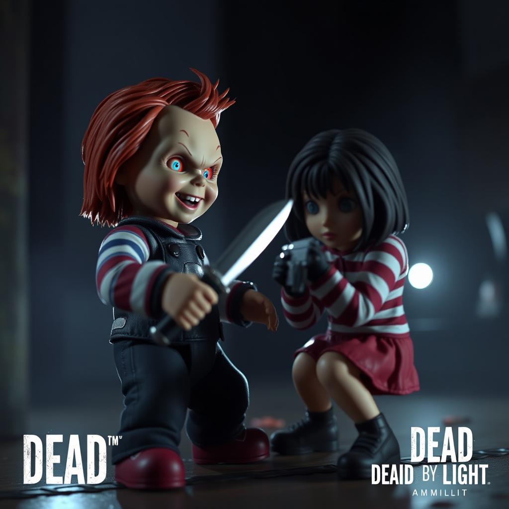 A miniature scene from the game Dead by Daylight featuring the killer Good Guy doll, Chucky, engaging in a tense moment with the perk 'Head On' used by Jane Romero