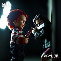 A miniature scene from the game Dead by Daylight featuring the killer Good Guy doll, Chucky, engaging in a tense moment with the perk 'Head On' used by Jane Romero