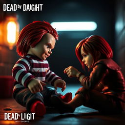 A miniature scene from the game Dead by Daylight featuring the killer Good Guy doll, Chucky, engaging in a tense moment with the perk 'Head On' used by Jane Romero