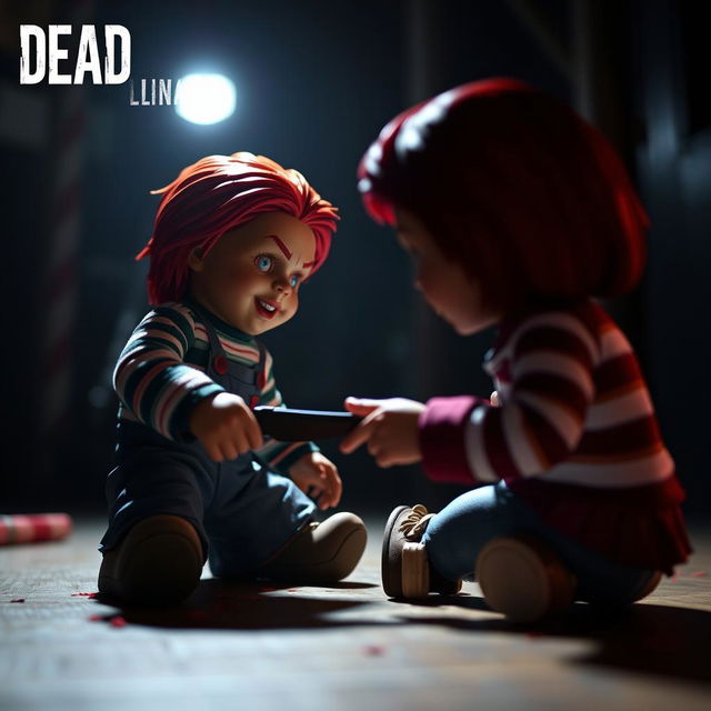 A miniature scene from the game Dead by Daylight featuring the killer Good Guy doll, Chucky, engaging in a tense moment with the perk 'Head On' used by Jane Romero