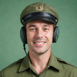 A cheerful male pilot with a cap obscuring his eyes, posed against a clear green background.