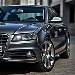 A detailed shot of a 2010 Audi A4 B8 in a slick grey color, showcasing the car's design and curves