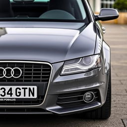 A detailed shot of a 2010 Audi A4 B8 in a slick grey color, showcasing the car's design and curves