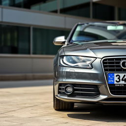 A detailed shot of a 2010 Audi A4 B8 in a slick grey color, showcasing the car's design and curves