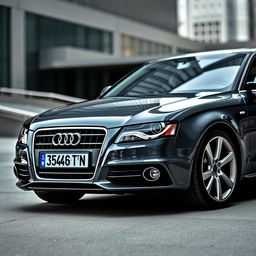 A detailed shot of a 2010 Audi A4 B8 in a slick grey color, showcasing the car's design and curves