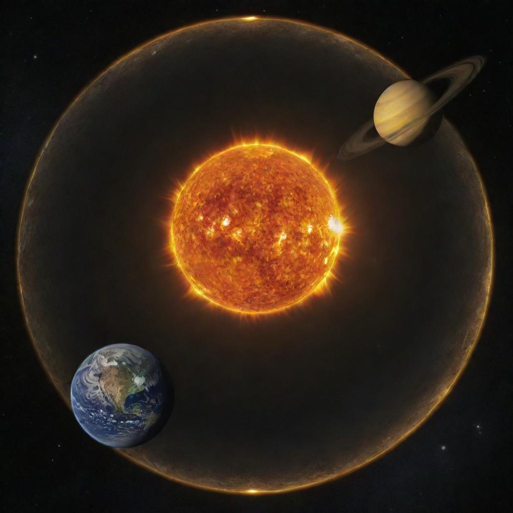 A detailed image symbolizing heliocentrism, featuring the Sun at the center with planets including Earth orbiting around it in space.