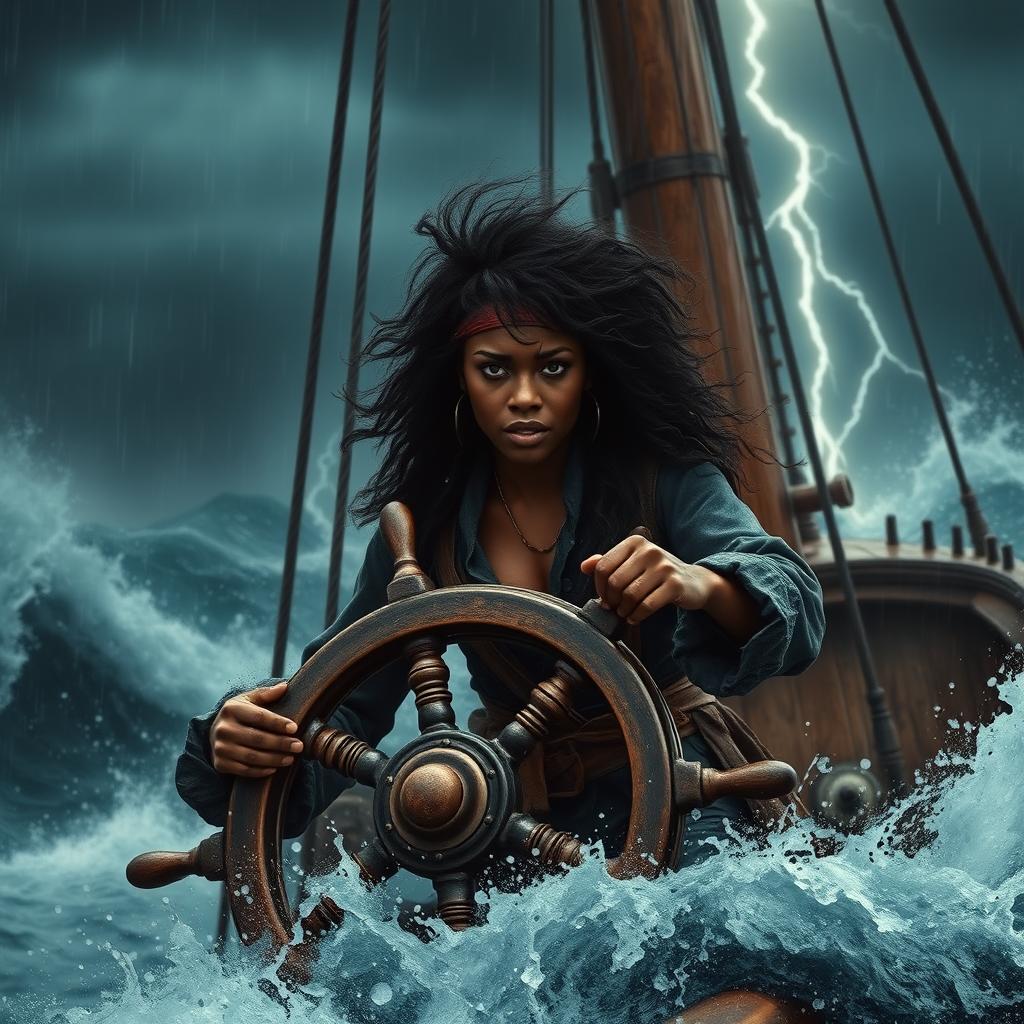 A powerful and courageous black female pirate, dressed in traditional pirate attire, skillfully navigating an ancient ship through a fierce storm