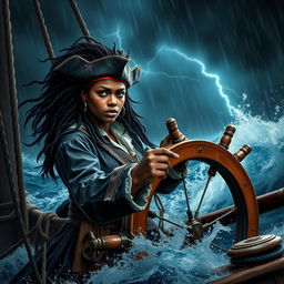 A powerful and courageous black female pirate, dressed in traditional pirate attire, skillfully navigating an ancient ship through a fierce storm