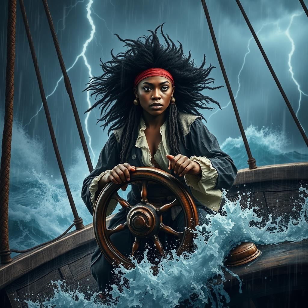 A powerful and courageous black female pirate, dressed in traditional pirate attire, skillfully navigating an ancient ship through a fierce storm