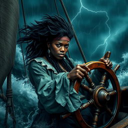 A powerful and courageous black female pirate, dressed in traditional pirate attire, skillfully navigating an ancient ship through a fierce storm