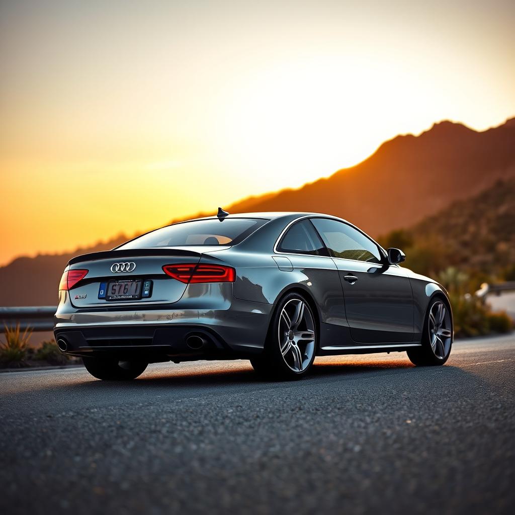 2010 Audi A4 B8 in pearl gray color, parked on a scenic mountainous road in the backdrop of a sunset, showcasing its sleek design and elegant curves