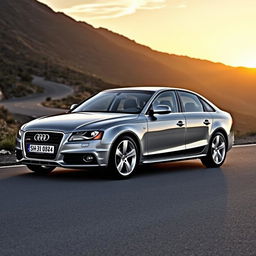 2010 Audi A4 B8 in pearl gray color, parked on a scenic mountainous road in the backdrop of a sunset, showcasing its sleek design and elegant curves