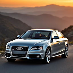 2010 Audi A4 B8 in pearl gray color, parked on a scenic mountainous road in the backdrop of a sunset, showcasing its sleek design and elegant curves