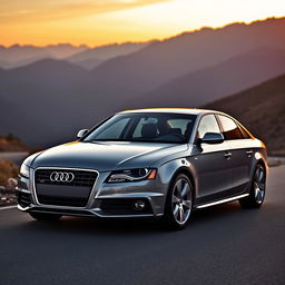 2010 Audi A4 B8 in pearl gray color, parked on a scenic mountainous road in the backdrop of a sunset, showcasing its sleek design and elegant curves