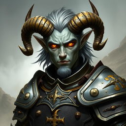 A striking male tiefling paladin with grey skin, featuring medium-sized ram's horns and medium-length ashen hair