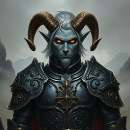 A striking male tiefling paladin with grey skin, featuring medium-sized ram's horns and medium-length ashen hair