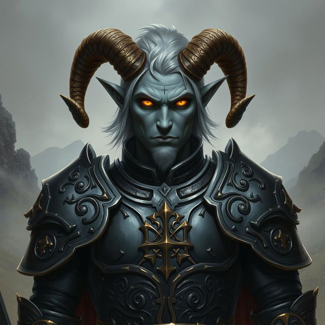 A striking male tiefling paladin with grey skin, featuring medium-sized ram's horns and medium-length ashen hair