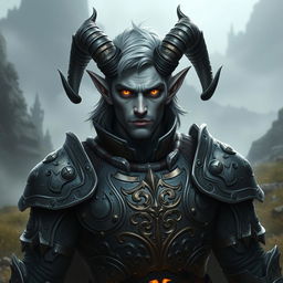 A striking male tiefling paladin with grey skin, featuring medium-sized ram's horns and medium-length ashen hair