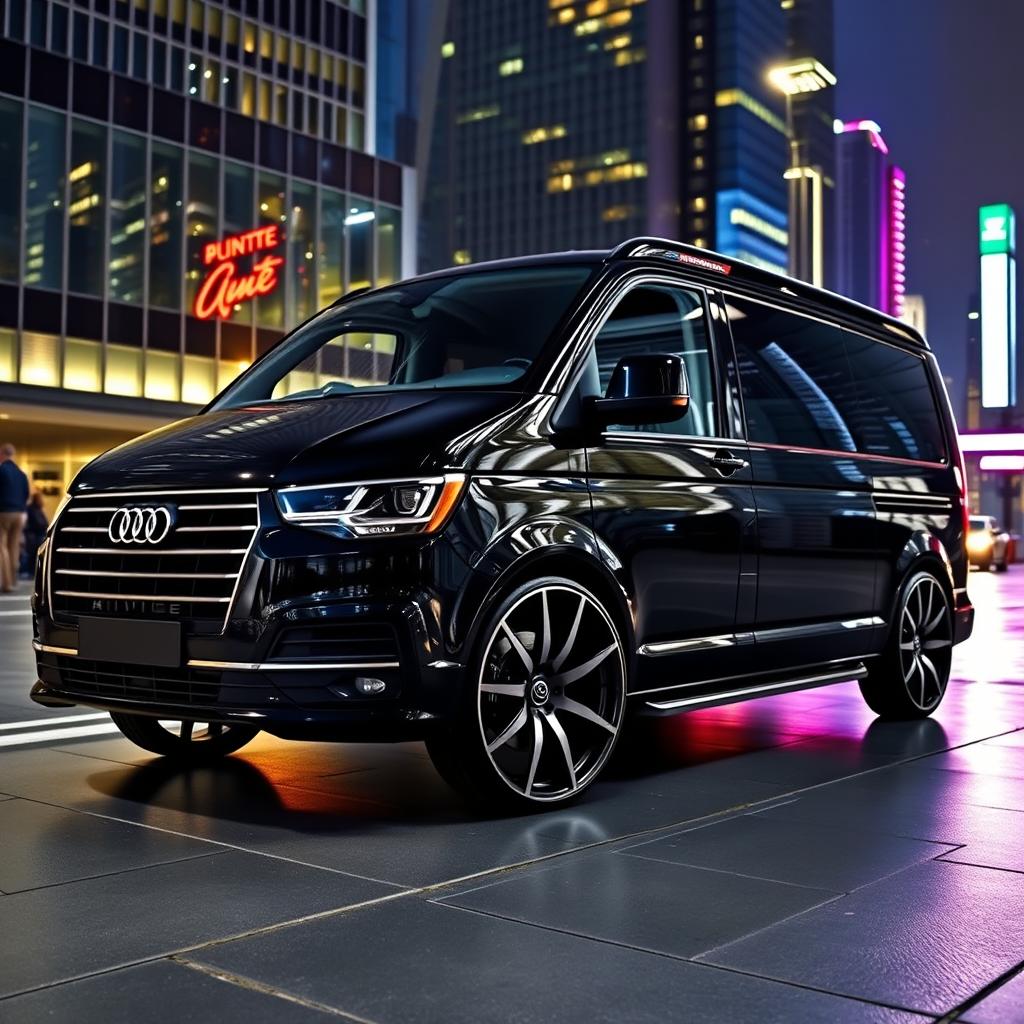 A sleek black Audi van with striking 20-inch alloy wheels, captured in an urban environment