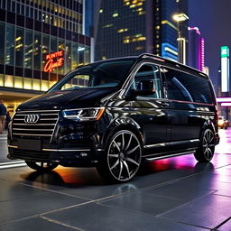 A sleek black Audi van with striking 20-inch alloy wheels, captured in an urban environment