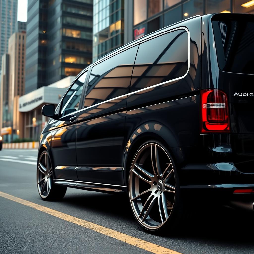 A sleek black Audi van with striking 20-inch alloy wheels, captured in an urban environment