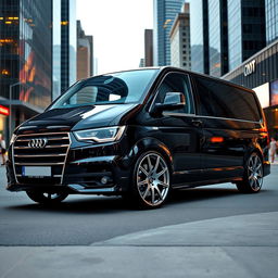 A sleek black Audi van with striking 20-inch alloy wheels, captured in an urban environment