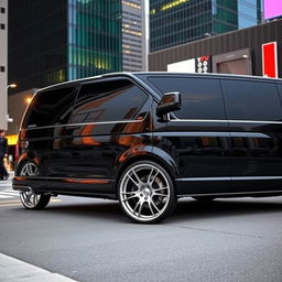 A sleek black Audi van with striking 20-inch alloy wheels, captured in an urban environment