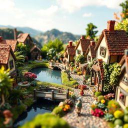 A quaint, detailed miniature village scene capturing the essence of a countryside with small houses, lush gardens, cobblestone paths, and tiny people engaged in daily activities