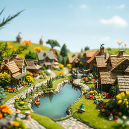 A quaint, detailed miniature village scene capturing the essence of a countryside with small houses, lush gardens, cobblestone paths, and tiny people engaged in daily activities