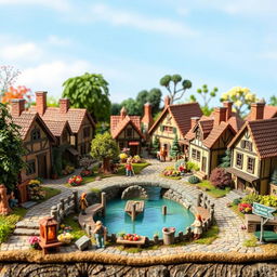 A quaint, detailed miniature village scene capturing the essence of a countryside with small houses, lush gardens, cobblestone paths, and tiny people engaged in daily activities