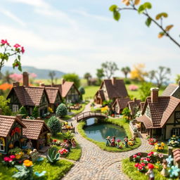 A quaint, detailed miniature village scene capturing the essence of a countryside with small houses, lush gardens, cobblestone paths, and tiny people engaged in daily activities