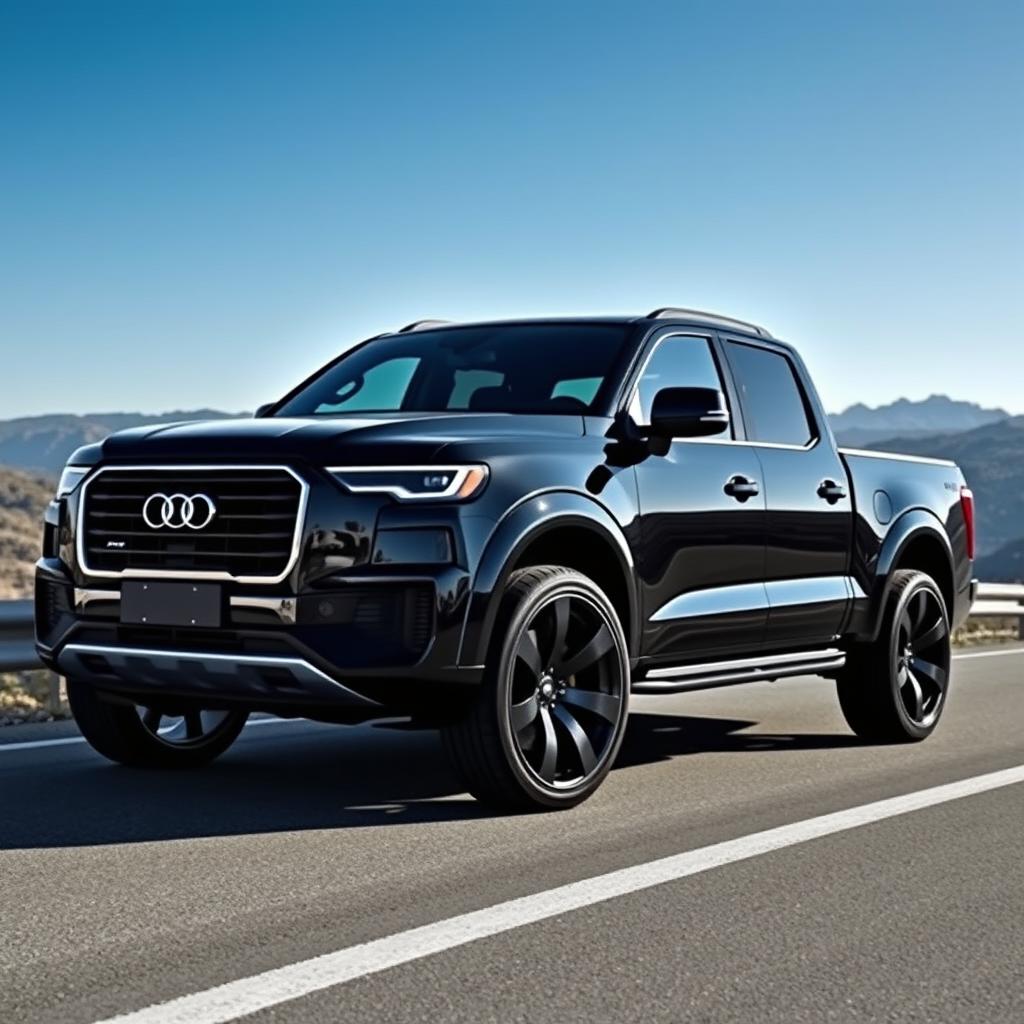 Black Audi truck with 20-inch wheels parked on a scenic road