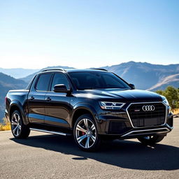 Black Audi truck with 20-inch wheels parked on a scenic road