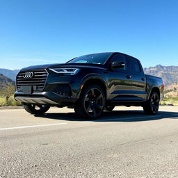 Black Audi truck with 20-inch wheels parked on a scenic road