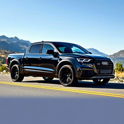 Black Audi truck with 20-inch wheels parked on a scenic road