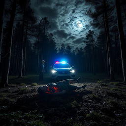 In a vast forest, a grisly murder scene with a charred body is illuminated by the flashing lights of a police car