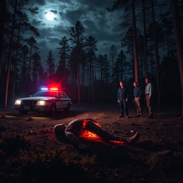 In a vast forest, a grisly murder scene with a charred body is illuminated by the flashing lights of a police car