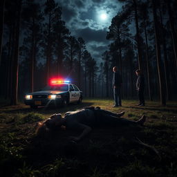 In a vast forest, a grisly murder scene with a charred body is illuminated by the flashing lights of a police car