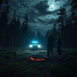 In a vast forest, a grisly murder scene with a charred body is illuminated by the flashing lights of a police car