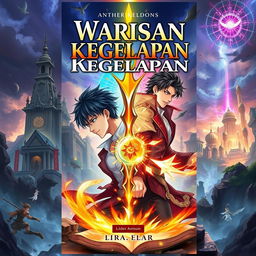 A book cover design in an anime fantasy style featuring the title "Warisan Kegelapan" in large, clear font at the top, with the author's name in a slightly smaller font below the title