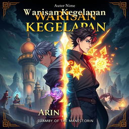 A book cover design in an anime fantasy style featuring the title "Warisan Kegelapan" in large, clear font at the top, with the author's name in a slightly smaller font below the title