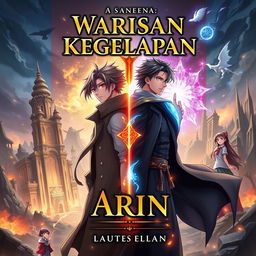 A book cover design in an anime fantasy style featuring the title "Warisan Kegelapan" in large, clear font at the top, with the author's name in a slightly smaller font below the title