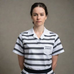 A woman wearing a traditional black and white striped prison uniform, standing in a neutral pose