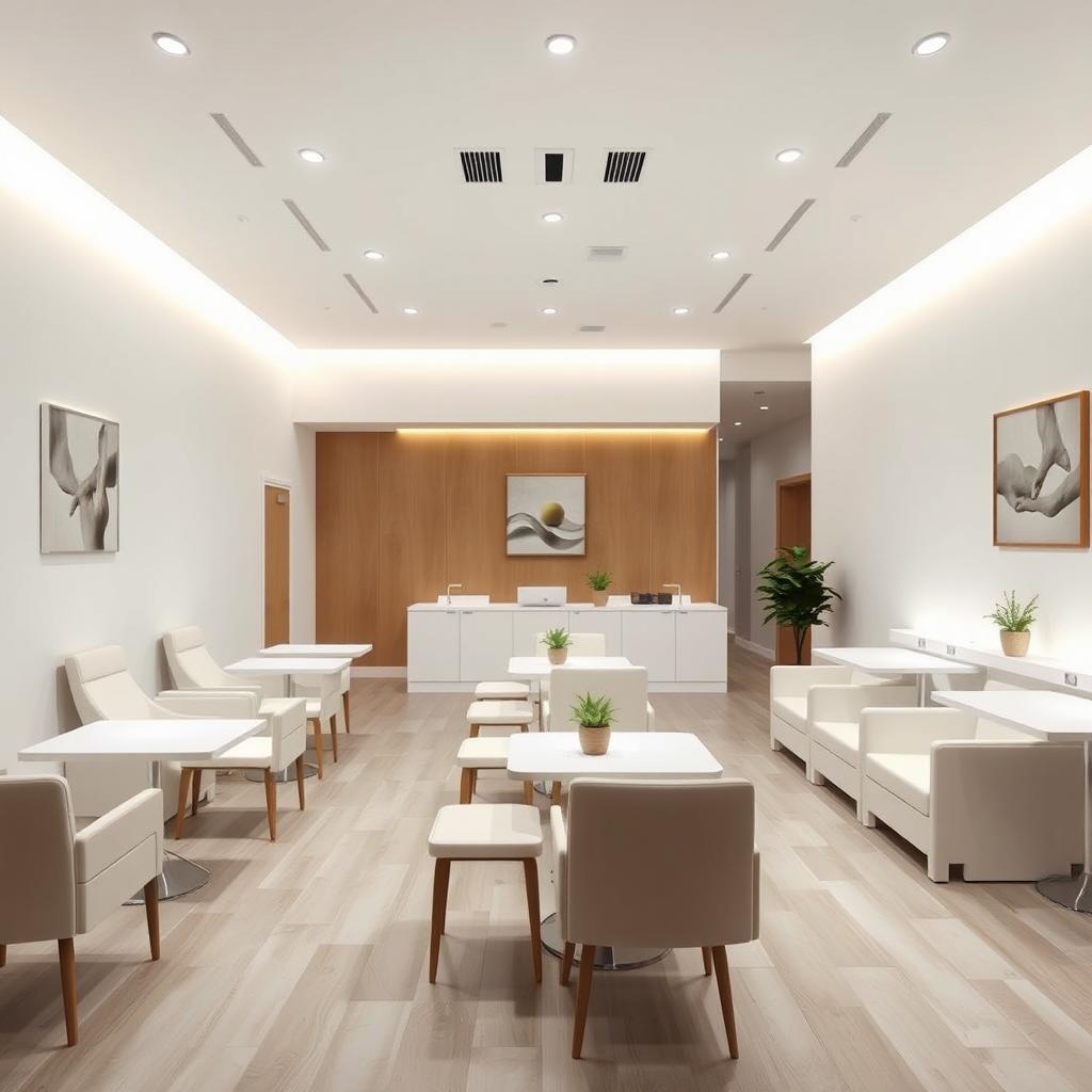 A minimalist nail salon interior featuring sleek and modern design elements