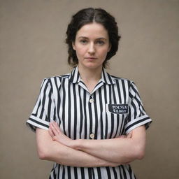 A woman wearing a traditional black and white striped prison uniform, standing in a neutral pose