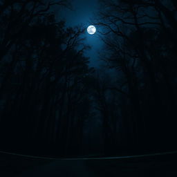 A vast and dark forest at night, shrouded in an eerie atmosphere of mystery and suspense